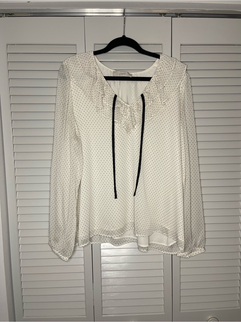 LOFT White Polka Dot Ruffle Tie Neck Blouse